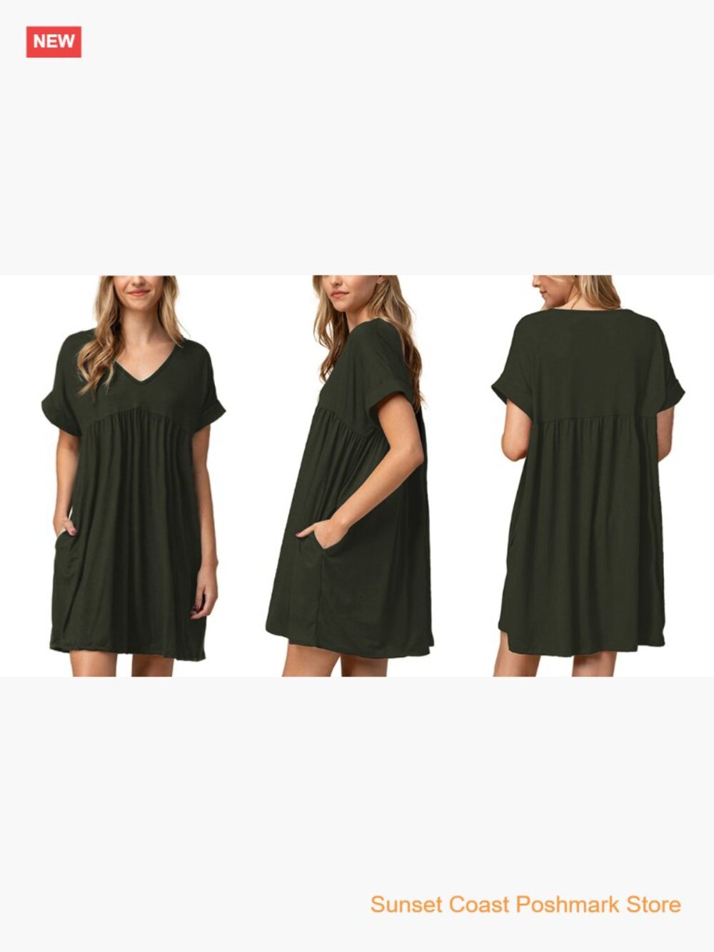 Womens Baby Doll Dress Summer Casual Tunic Pleated Flowy Swing Short Sleeve V - Picture 7 of 7